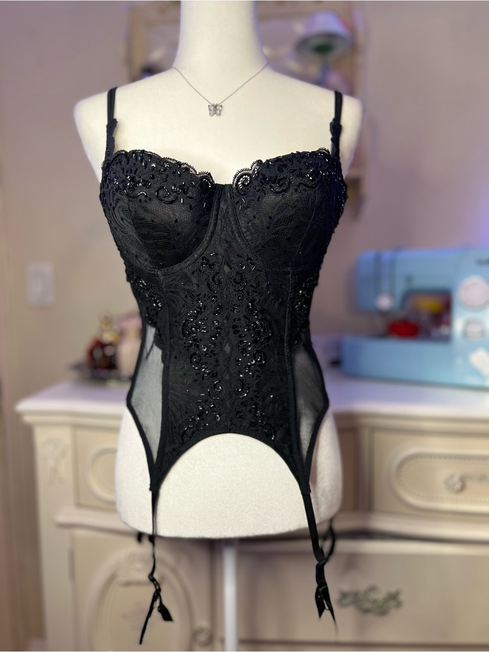 2001 Vintage Victoria's Secret Black Beaded Lace Bustier with Garter Straps